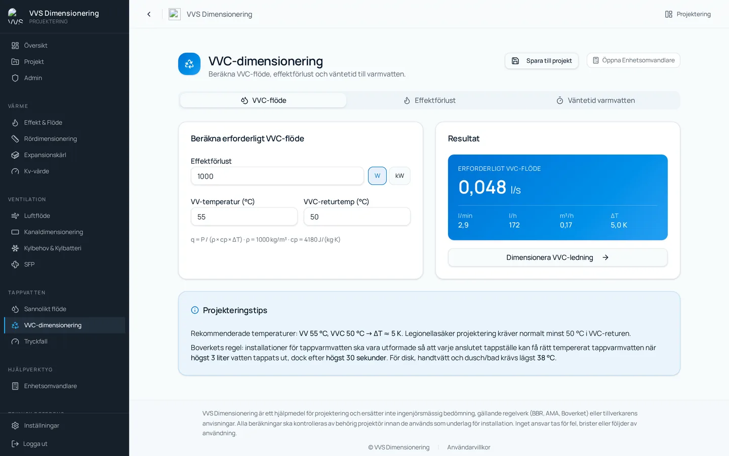 Skärmbild av verktyget VVC-dimensionering med rörsträckor, värmeförluster och cirkulationsflöde