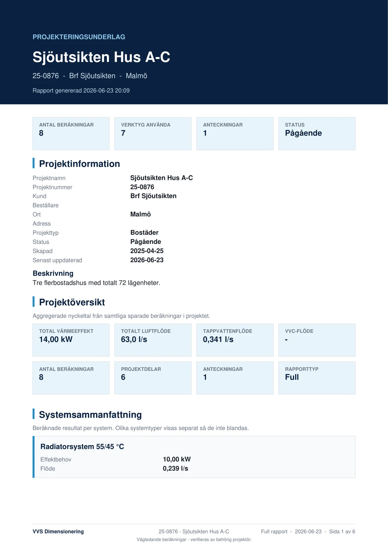 PDF-rapport från VVS Dimensionering